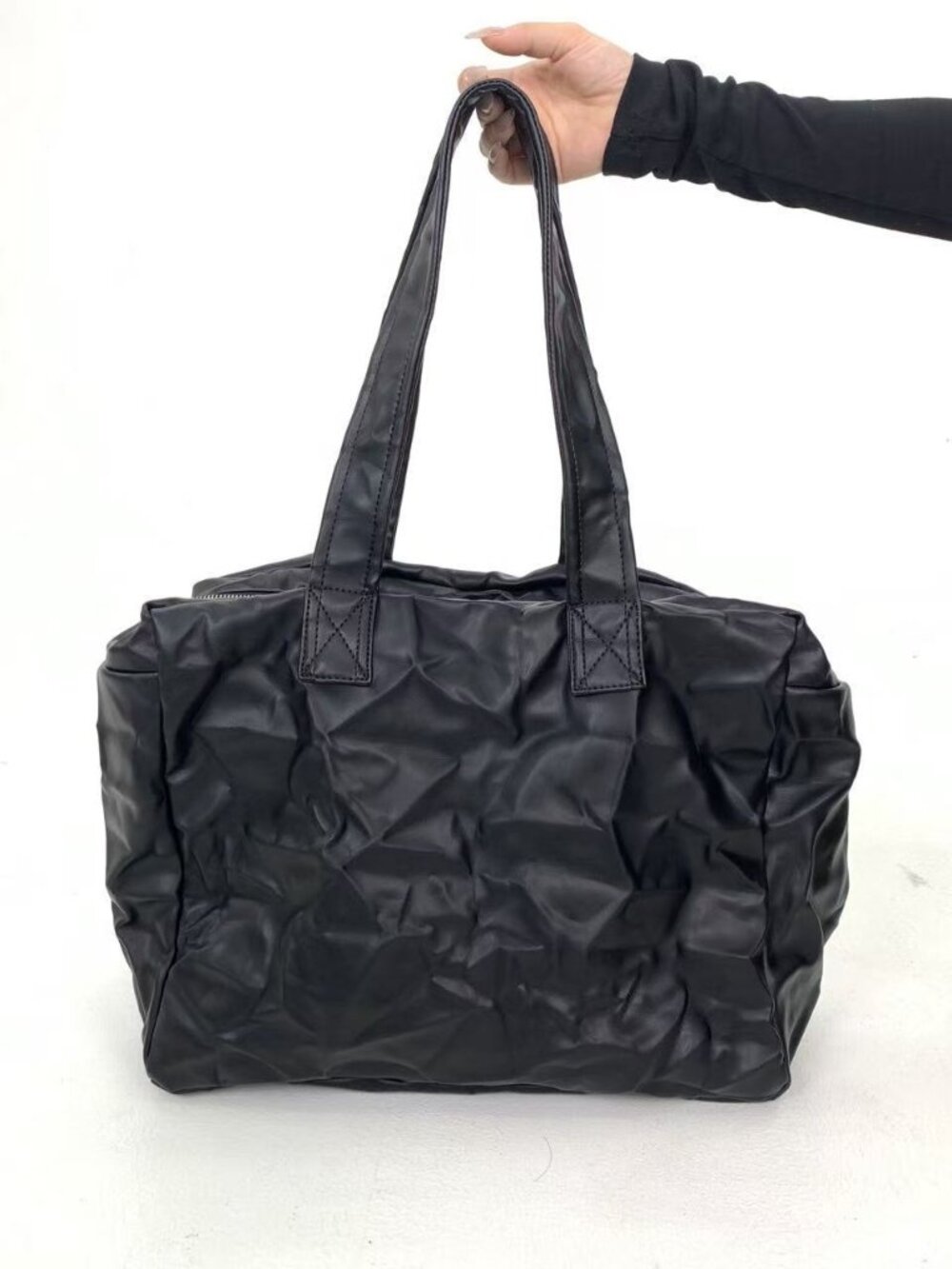 Black Crinkled Faux Leather Oversized Slouchy Tote Bag Travel